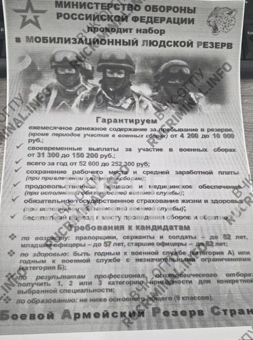 First image shows official Russian Ministry of Defense recruitment flyer for mobilization human reserve with red star emblem at top, bullet points listing monthly pay from 4200 to 10000 rubles, gathering participation payments from 31300 to 150200 rubles, annual total from 52600 to 252300 rubles, benefits including job and salary preservation, food, medical care, insurance, free travel, and general assembly call at bottom. Second image displays formal contract document with red seals, signatures, and text detailing agreement between parties including Mikhail Lavrov, criminal liability clauses, service obligations in Moscow and Moscow region, two-month secrecy period, and court enforcement notice.